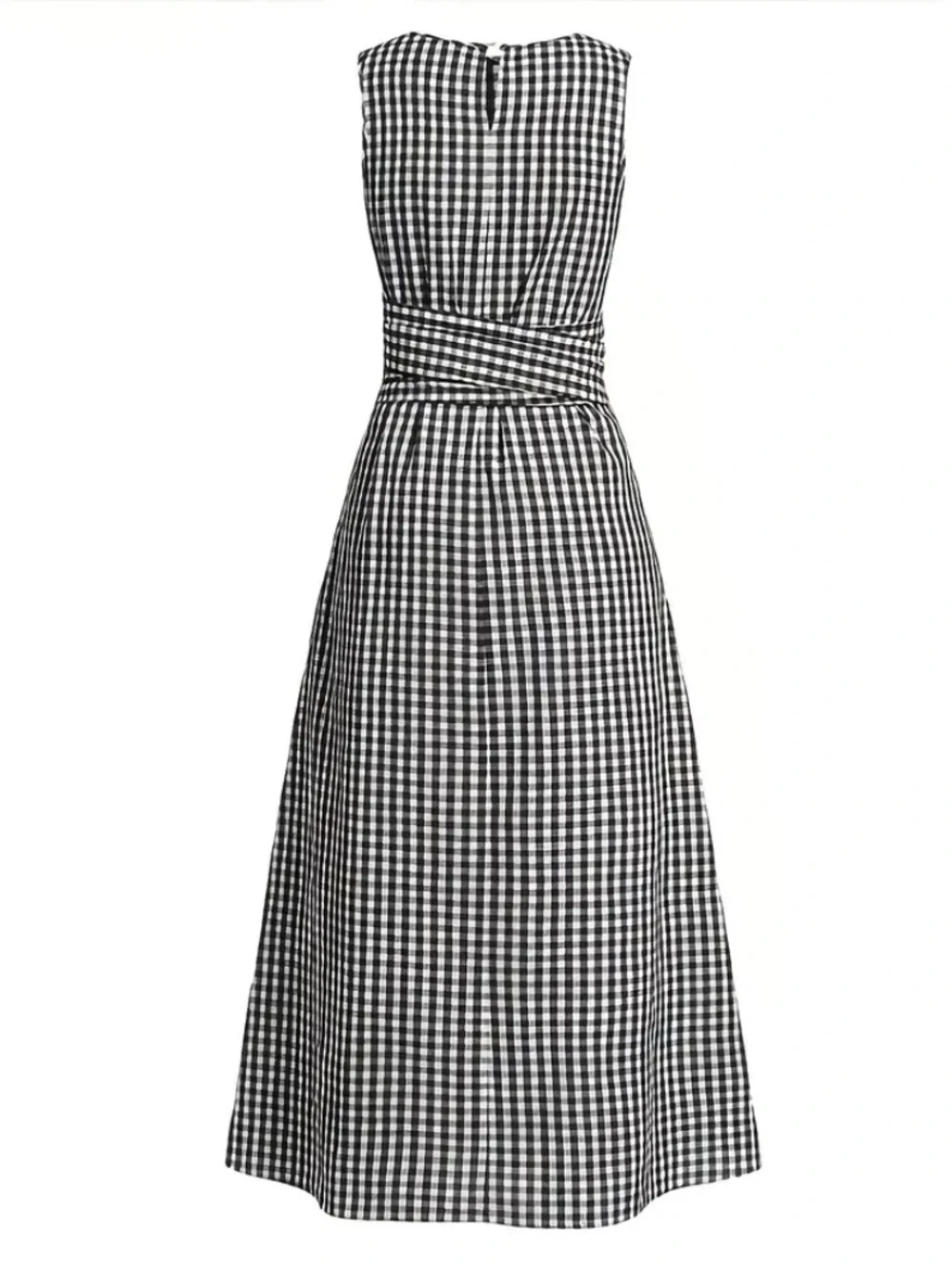 GINGHAM Black and White Maxi Dress with Waist Tie - Picture 2 of 10